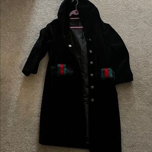 Black Hooded Coat with Red and Green Accents